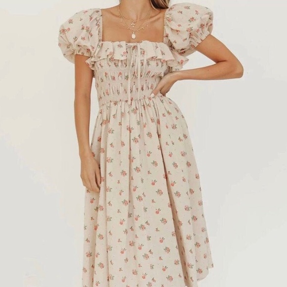 ❤️French country picnic cottage core puff puffy ruffle sleeve dress - Picture 3 of 5